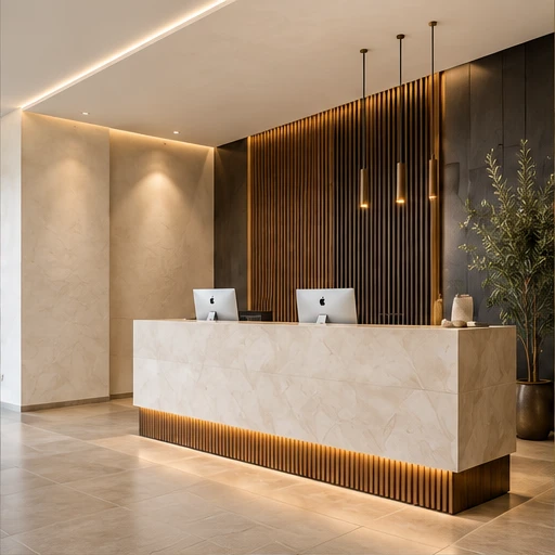Illustrative premium commercial reception with finely finished plaster walls