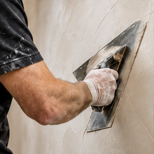 Illustrative close-up of a plasterer smoothing a wall with a trowel