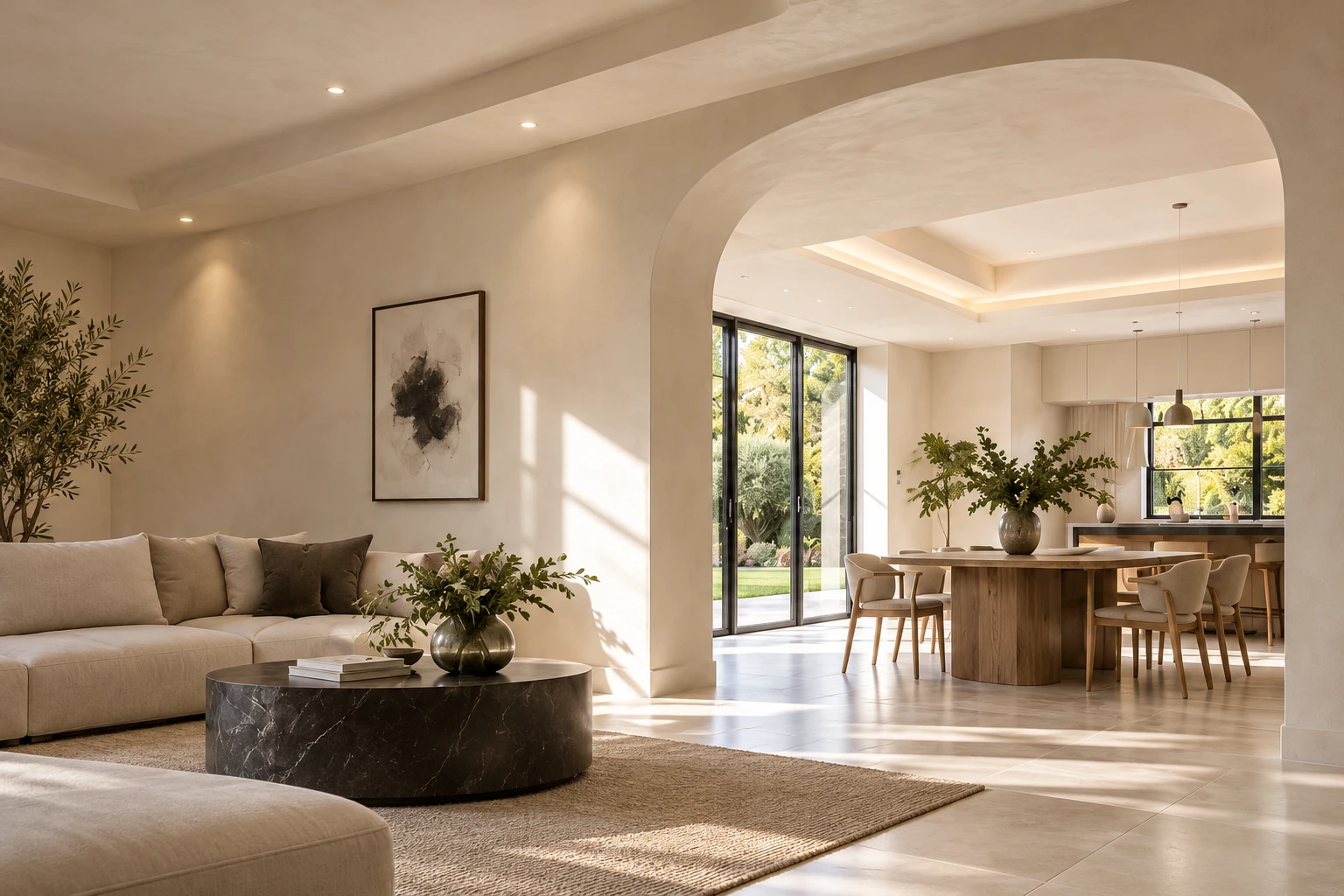 Illustrative luxury interior with curved plaster arch and finely finished walls