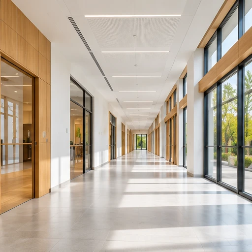 Illustrative modern public building corridor with precise wall and ceiling finishes