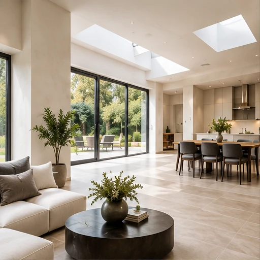 Illustrative bright home extension with smooth plaster walls and skylights